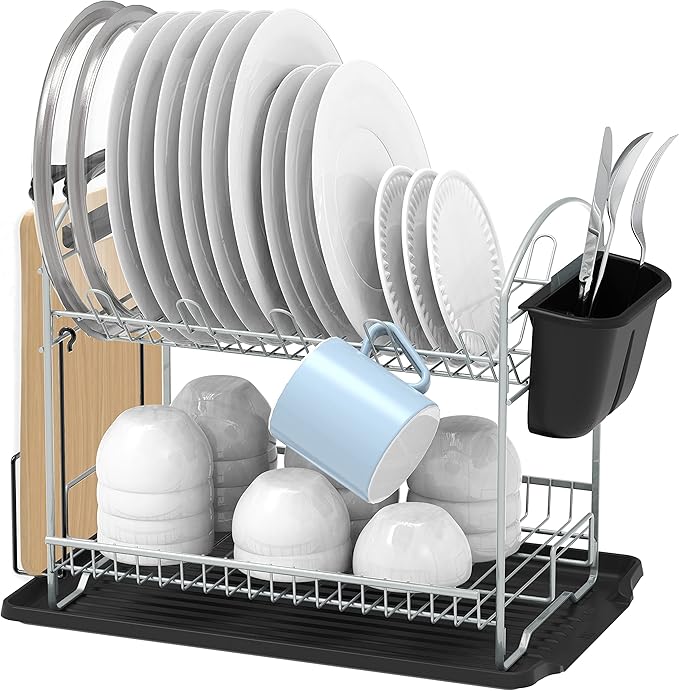 Simple Houseware 2-Tier Dish Rack with Drainboard, Silver