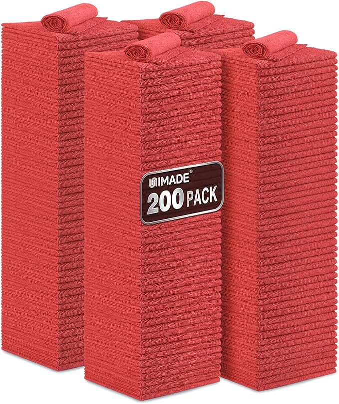 Shop Towel Rag, 200 Pack Reusable Rags Bulk Microfiber Cleaning Cloth Lint Free Towels for Car Kitchen Automotive Bar Mechanic Restaurant Garage, 11.5"x 11.5", Red