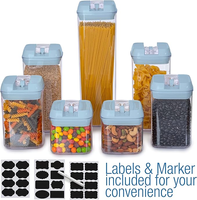 Set of 7 Airtight Food Storage Containers - Pantry Organizer Bins, BPA Free Plastic Containers plus Dry Erase Marker and Labels, Blue