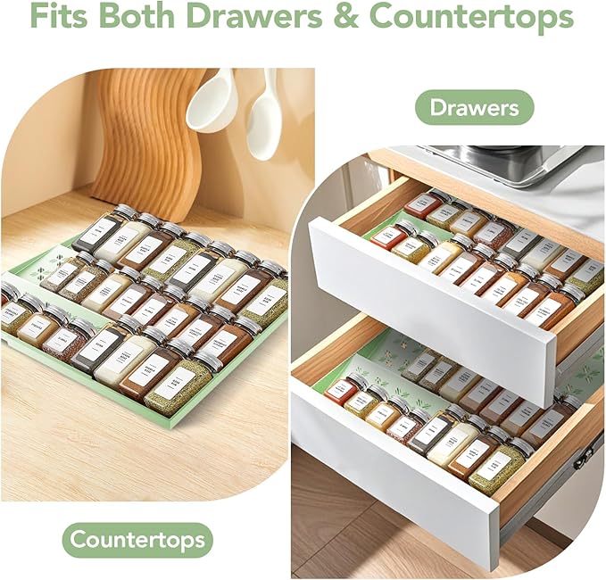 Expandable Spice Drawer Organizer (11"-22"), 3-Tier Slanted Kitchen Cabinet Rack with Labels & Funnel, Adjustable for Standard & Tall Bottles, Versatile for Bathroom & Office – Jars Not Included