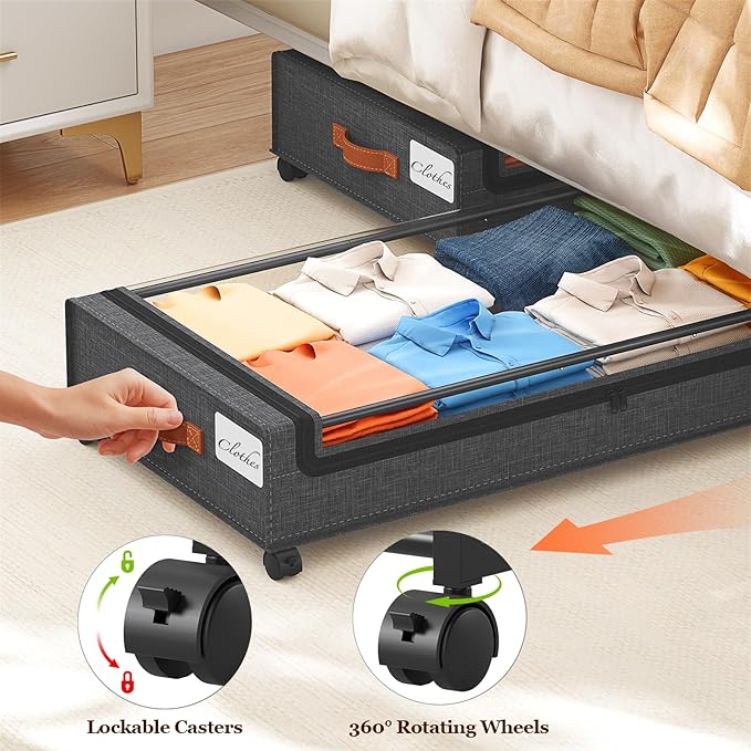 Yecaye 70L Under Bed Storage with Wheels, 3 Pack Larger Capacity Under Bed Storage Containers, Underbed Shoe Storage Organizer, Rolling Under Bed Metal Drawers for Clothes, Blankets, Hemp Grey