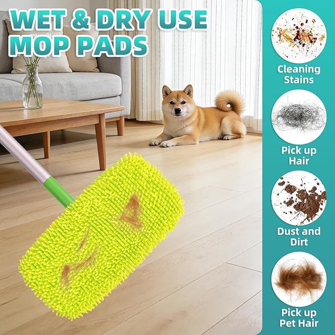 6 Pack Reusable Mop Pads Compatible with Swiffer Sweeper Mop, Washable Wet Pads Refill, Dry Sweeping Cloths, Microfiber Pads for Mopping Floors (Green, Pink)