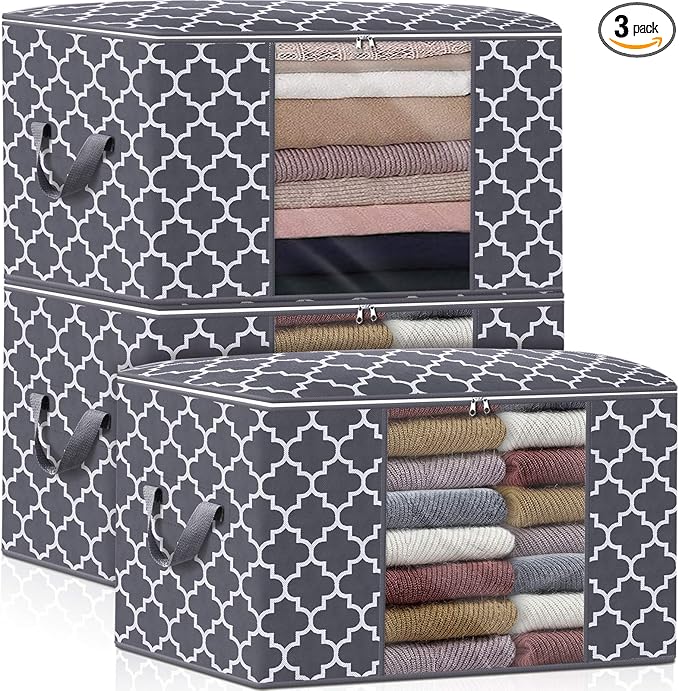 WISELIFE Storage Bags, Large Blanket Clothes Organization and Storage Containers for Bedding, Comforters, Foldable Organizer with Reinforced Handle, Clear Window,Sturdy Zippers,(Grey, 3 x 100L)