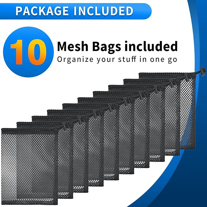 10 Pcs Mesh Drawstring Bag 6" x 8" with Cord Lock Closure, Durable Mesh Bag for Laundry Travel Beach Toys Seashell Collecting (Black)