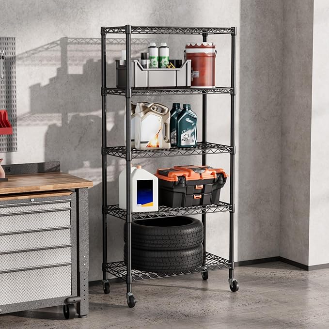 SINGAYE 5 Shelf Storage Wire Shelves Closet Bathroom Organizers Metal Pantry Kitchen Garage Shelving Unit Laundry Room Organization Home Narrow Rack Net Basket with Wheels Black