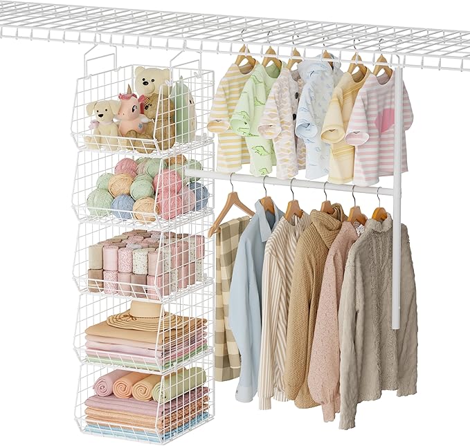 5 Tier Extended Depth Kids Hanging Closet Organizer with Adjustable Width and Height Hanging Rod, Storage Shelves for Sweaters Towels Handbags, Stackable Metal Bins for Closet, Laundry, Dorm, White