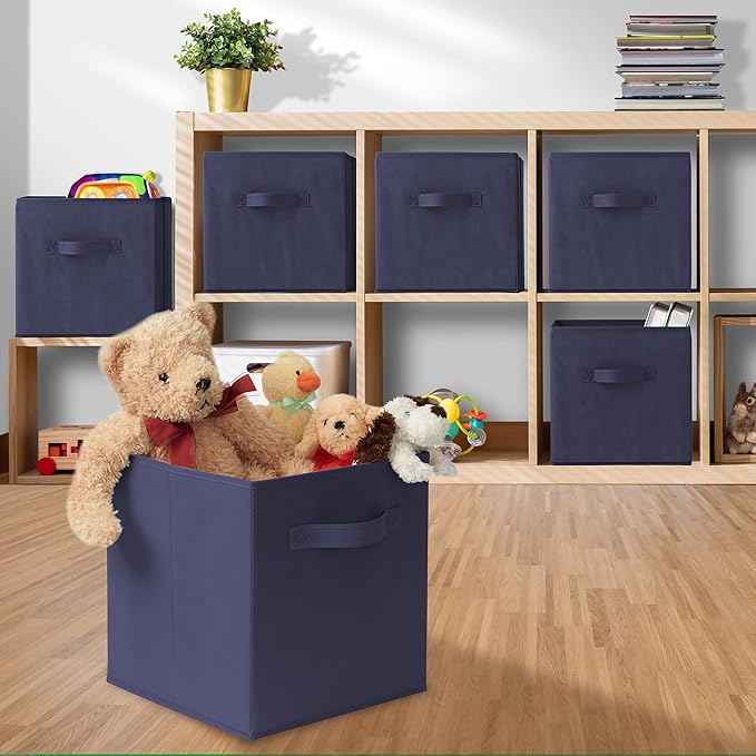 Casafield Set of 6 Collapsible Fabric Cube Storage Bins, Navy Blue - 11" Foldable Cloth Baskets for Shelves, Cubby Organizers & More