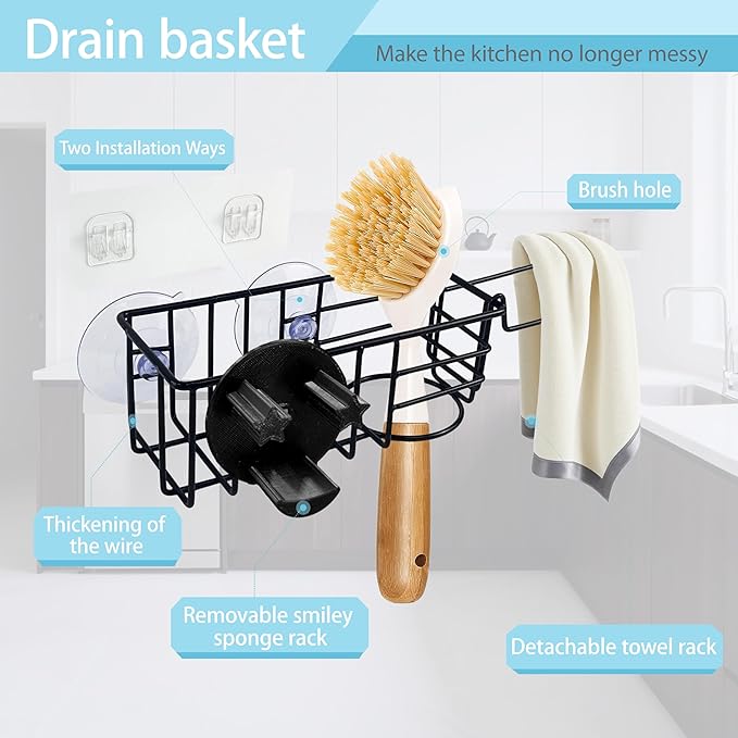 Sponge Holder Smile Face with Dish Cloth Hanger for Kitchen Sink, In-sink Caddy Organizer with Suction Cups & Adhesive Strips, Rustproof Sponge Rack for Soap, Brush, Scrubber - Black（3 Pack）