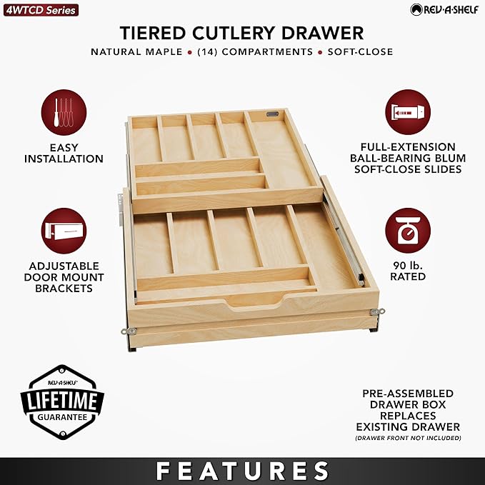 Rev-A-Shelf Two-Tier Kitchen Utensil Drawer Organizer & Pullout Cutlery Tray, Soft-Close Slides, 24" Base & 21" Cabinet Opening, Wood, 4WTCD-24HSC-1