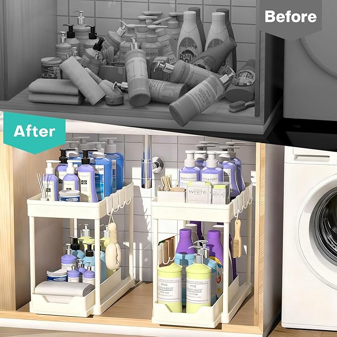Under Sink Organizers and Storage 2 Pack, Pull-Out Sliding Cabinet Organizer with 2-Tier Storage Shelf & 4 Hooks, Multi-Purpose for Kitchen & Bathroom (13 Inch, White)
