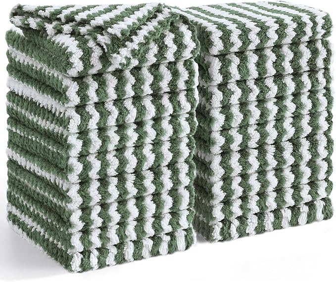 Homaxy 18 Pack Kitchen Dish Cloths, Ultra Soft and Absorbent Dish Towels, Reusable Fast Drying Microfiber Cleaning Cloth, Coral Velvet Wave Design No-lint,10 x 10 inches, Grass Green