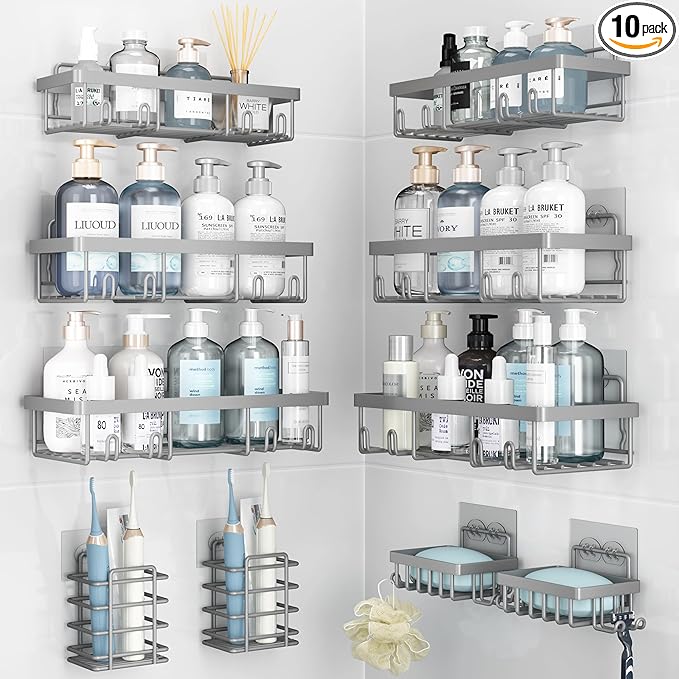 10 Pack Shower Caddy Organizer Rack Shelf for Inside Shower, Self Adhesive Wall Storage Basket Rustproof Stainless Steel Shampoo Holder Bathroom Accessory Decor Set, Grey