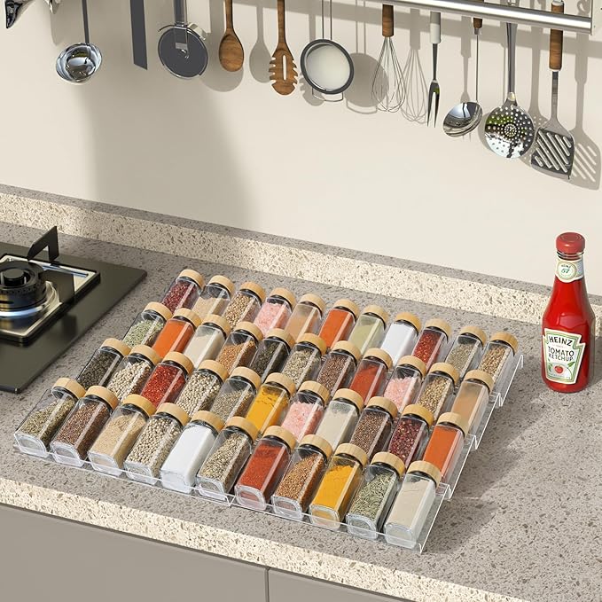 Spice Drawer Organizer 4 Tier, Acrylic Seasoning Organizer Rack, Clear Spice Rack Tray, Kitchen Seasoning Jars Drawers Insert (Jars Not Included/Expandable From 13" to 26")