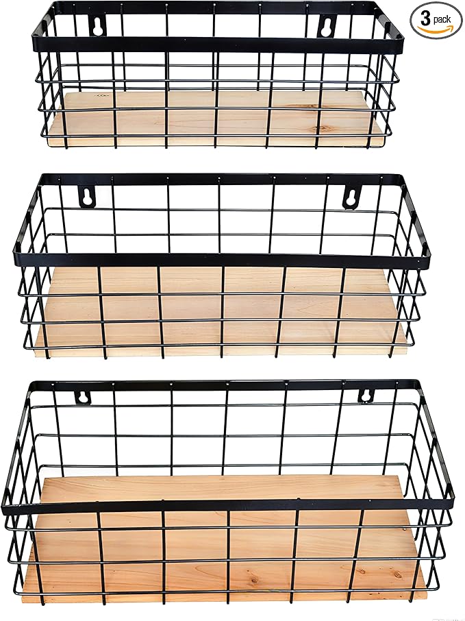 Metal Wire Basket Detachable Wood Base Storage Organizer Farmhouse Hanging Basket for Kitchen Cabinets, Bathroom, Pantry, Laundry Room Set of 3,Black Color