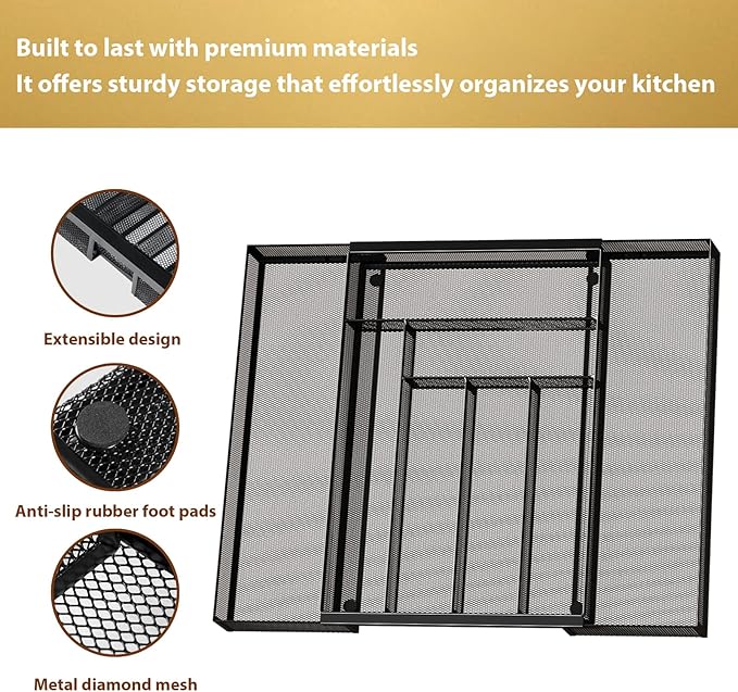 Silverware Organizer Metal Mesh, Large Drawer Organizer, Utensil Cutlery Tray for kitchen drawers, Expandable Flatware Organizer with 8 Compartment Black 11.6"~20" x 17.3"