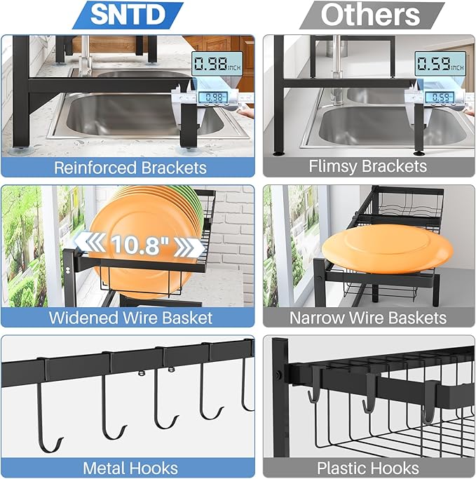SNTD Over The Sink Dish Drying Rack - Adjustable Dish Rack for Kitchen Counter, Metal (Black)