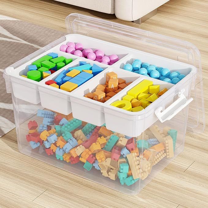HOMETUK 40Qt Large Stackable Storage Bin with Lid & Tray, Clear Plastic Latching Box Organizer with Divider Portable 10Gal Container for Arts & Crafts, Home and Car Trunk Organization, 1Pack