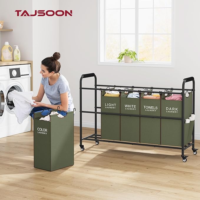 Tajsoon 5 Sections Laundry Sorter, Laundry Hamper with Heavy Duty Lockable Wheels and Removable Bags, 5 Bag Laundry Sorter Cart for Dirty Clothes Storage, Green