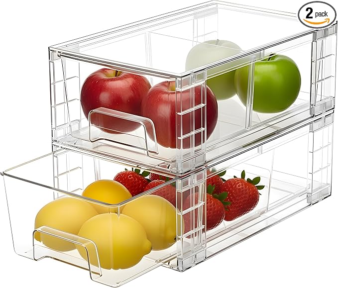 6 Pack Stackable Storage Drawers,Plastic Organizers Bins, Drawers Storage with Handles and Movable Dividers for Organization and Storage in Fridge,Bathroom, Pantry, Kitchen Cabinets, Under Sink