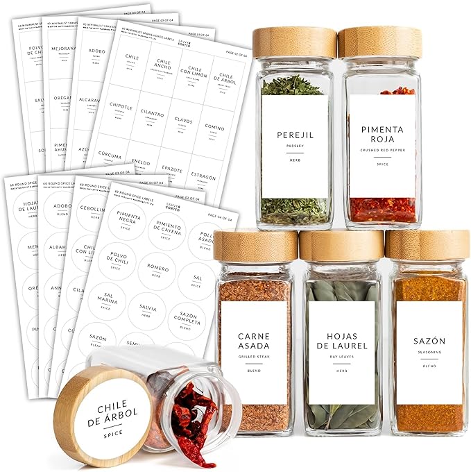 127 Spanish Spice Labels Stickers Preprinted Waterproof, Spice Jar Labels Written in Spanish, Round & Rectangle Seasoning Label for Jars, Pantry Organization, Etiquetas de Especias en Español