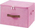 Storage Bins with Zipper Lid Foldable Fabric Lidded Storage Boxes Baskets Cubes Washable Collapsible PU Leather Handle Cotton Linen Shelves Closet Organizer Container(Pink, Large Size)