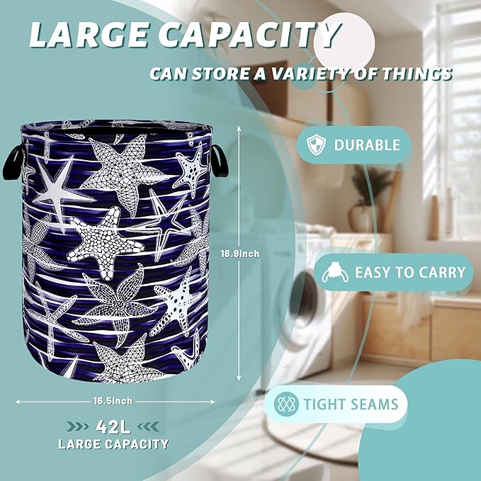 Blue Starfish Printed Laundry Basket Sea Beach Theme Funny Laundry Hamper Foldable Oxford Cloth Ocean Tote Bag Clothe Toy Storage Bucket 18.9"x16.5" For Bathroom/Laundry Storage/Bedroom