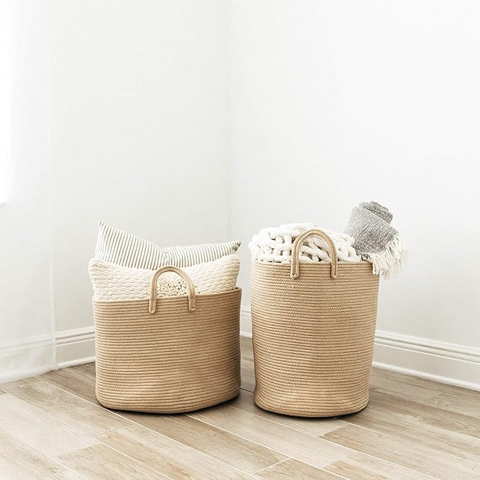OrganiHaus Large Woven Laundry Basket w/Handles 52L, Rope Dirty Clothes Hamper, Blanket Basket for Living Room, Baby Laundry Hamper for Nursery, Soft & Durable Decorative Organizer Bin - Honey