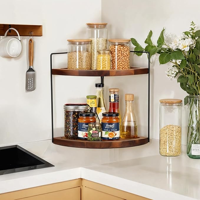 Demigo Bathroom Corner Counter Organizer 13.2x9.9 inch, 2 Tier Acacia Wood Organizer Countertop, Corner Storage Shelf Standing Rack, Cosmetic Vanity Tray Kitchen Spice Rack, Bathroom Storage Décor