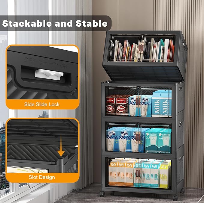Extra Large Stackable Storage Bins with Lids & Wheels & Door,Foldable Collapsible Closet Organizers, Plastic containers drawers for bedroom Dorm (Dark-55qt, 4Pack with 1 top lid)
