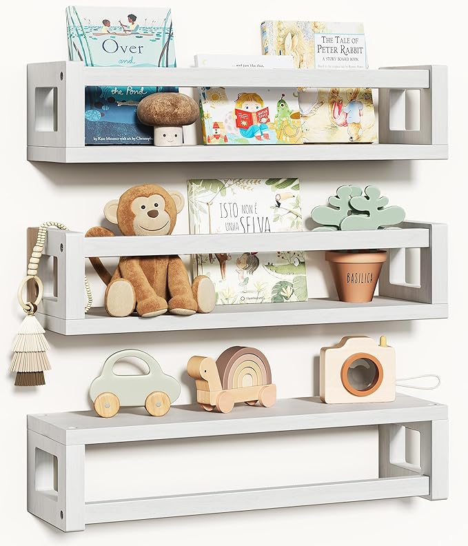 Upgraded Thick Floating Shelves, Solid Wood Bookshelf for Wall, Floating Book Shelves Use as Wall Shelves for Bedroom, Kids Room, Nursery, Books, Spice Rack & Decor - White