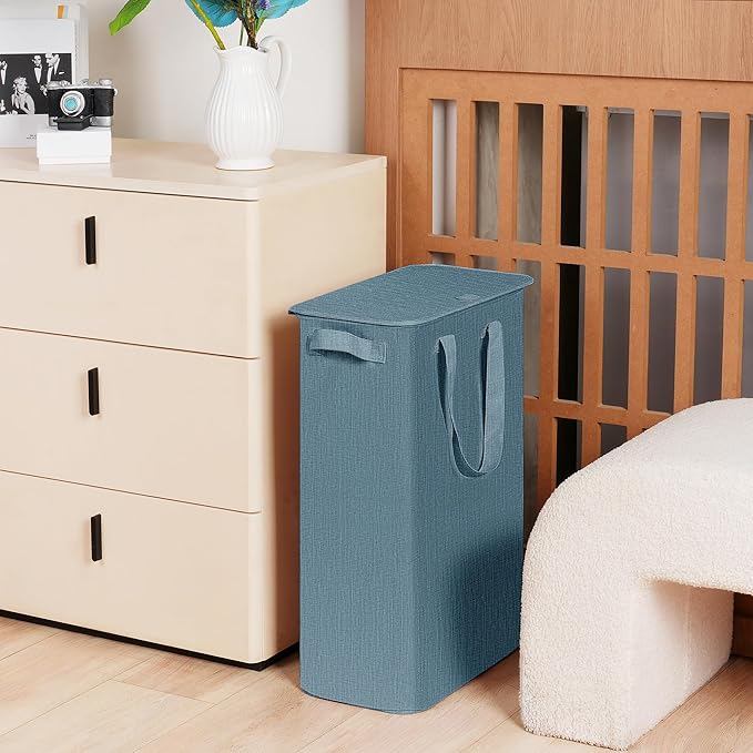 efluky Slim Laundry Basket with Lid, Narrow Laundry Hamper with Handles, Collapsible Dirty Clothes Hamper, Tall Laundry Bin for Laundry Room, Dorm and Bedroom, 55L Denim Blue