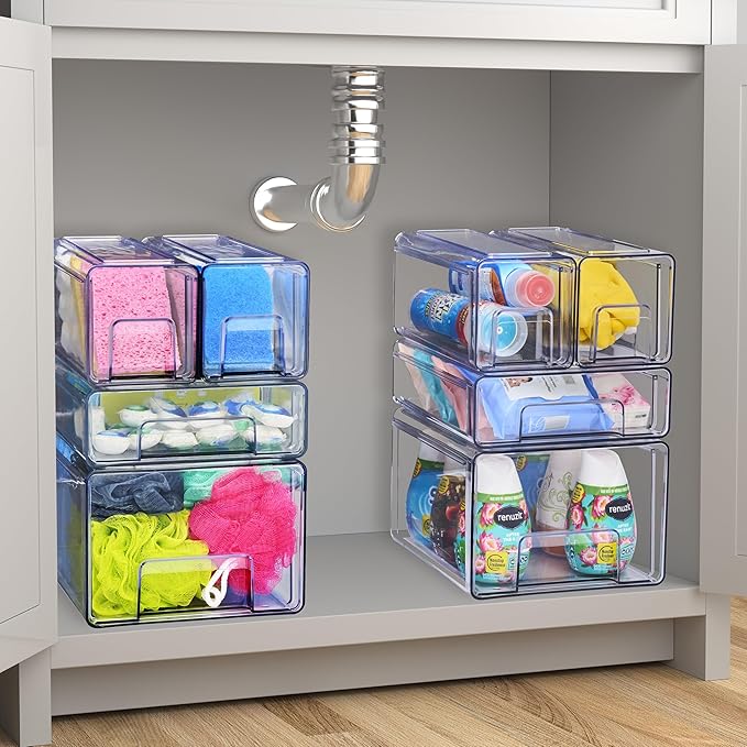 Sorbus Large Clear Stackable Storage Drawers 4-Pack Plastic Organizer Bins with Handles Pull-Out Drawers for Bathroom Closet, Medicine, Cabinet, Pantry Storage, Baby Bottle Organizer