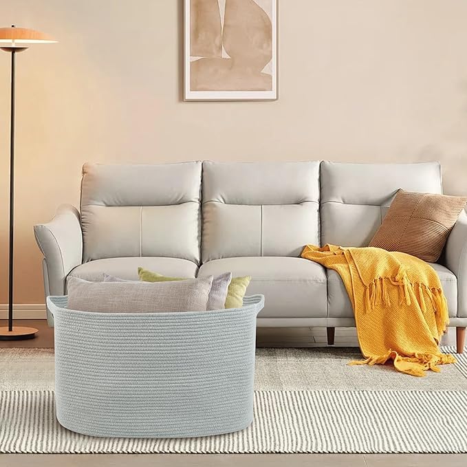 Extra Large Rectangle Storage Basket, 23.6" x 17" x 12" Gray Blanket Storage for Living Room, Large Soft Woven Cotton Rope Bin for Organizing, Kids Dog Wicker Toy Box Organizer