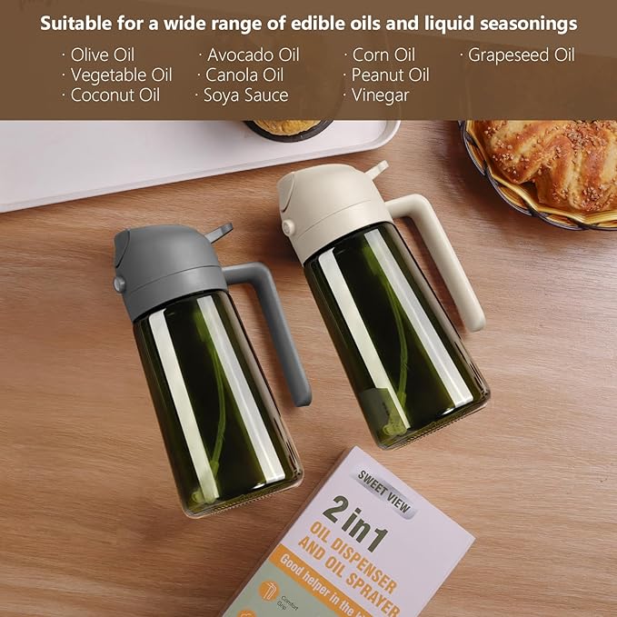 2PCS Olive Oil Dispenser and Oil Sprayer – 16oz/470ml Glass Light-Proof Oil Pourer for Kitchen, Air Fryer, Cooking, Salad, and BBQ