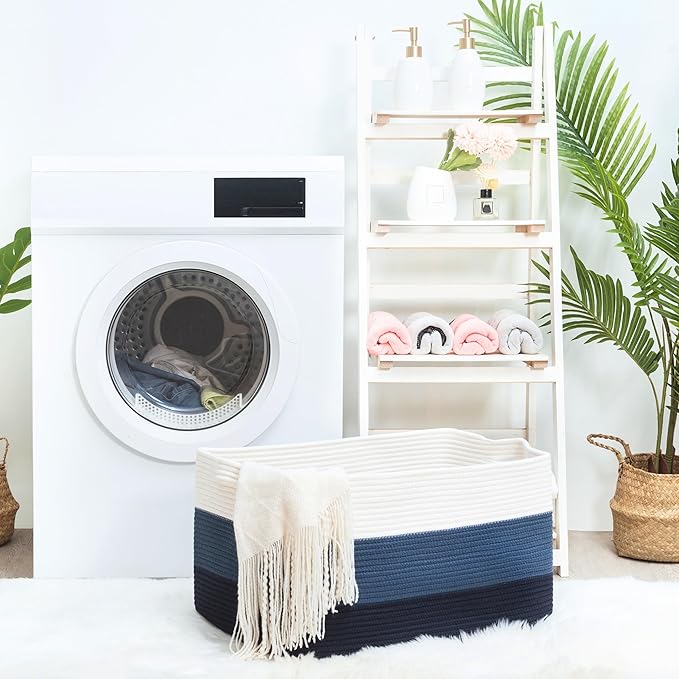 MINTWOOD Design 22in Extra Large Blanket Basket Holder Living Room, Rectangle Rope Woven Storage Basket with Handles for Laundry, Pool Towels, and Shoes, Dog Toy Organizer Bin Box, 3-Tone Blue