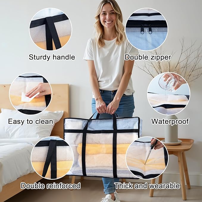 4 Pack Clear Blanket Storage Bags, 60L Plastic Comforter Clothes Storage Bags Underded Moving Bags Closet Organizers and Storage Zippered Sturdy Handle for Bedding, Clothes, Linen, Toys, Quilt, Duvet