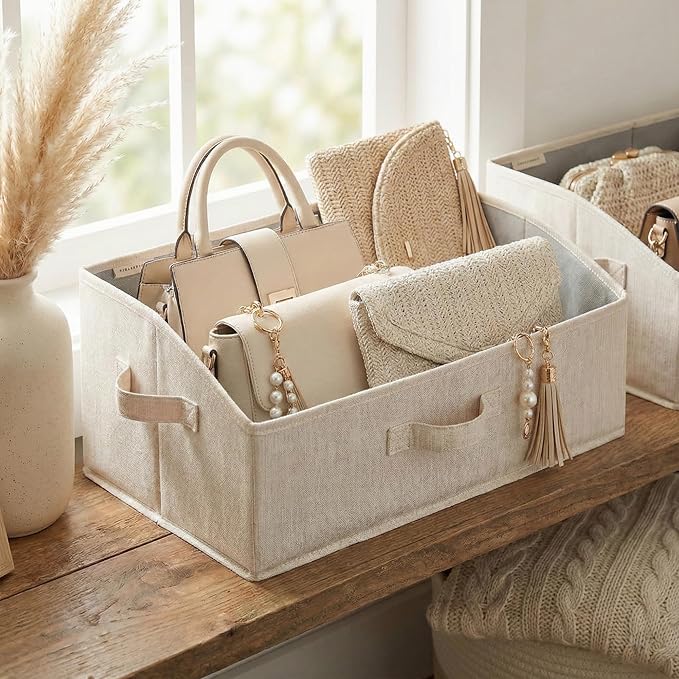 StorageWorks Closet Storage Bins, Trapezoid Organizer Box for Shelves, Fabric Clothes Bin, Foldable Organizing Baskets with Handles, Large, Mixing of Beige, White & Ivory, 3-Pack