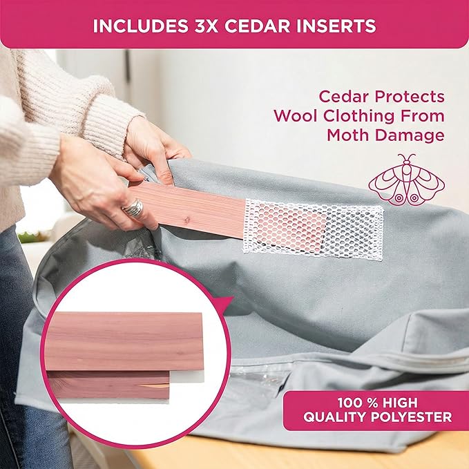 Cedar Storage Bag Organizer for Bedding Set - Protects from Moths, Moisture, Dirt & Dust - Set of 3 Storage Bags for Bed Sheets, Comforter, Pillows & More - Space-Saving Bedding Organizer, Gray