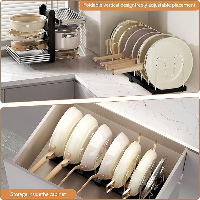 CEHNCEH Pots and Pans Organizer under Cabinet for Cabinet and Countertop Longest 28.5 in Foldable Adjustable 8-Tier Pan Organizer Rack Perfect to Store Pots, Kitchen Cabinet Organizer (Black)