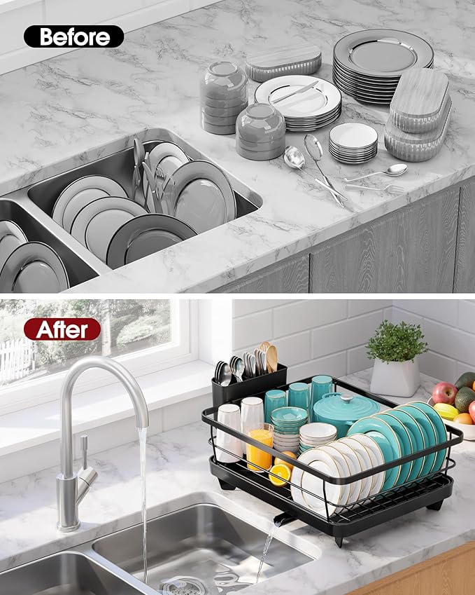 Stainless Steel Dish Drying Rack for Kitchen Counter, Sink Organization and Storage Essentials with Silverware & Utensil Holder, Home and Apartment Decor, 12''W x 15.5''L, Black