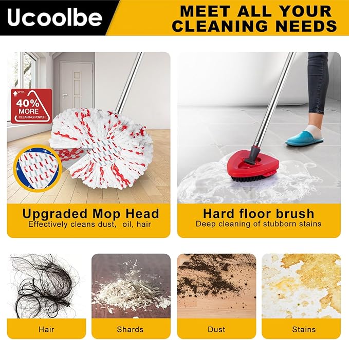 Spin Mop Replacement Head for O Cedar 1 Tank EasyWring, 40% More Cleaning Power, Upgraded Scrub Brush, 4 Microfiber Mop Refills, 1 Brush, 1 Mop Stick, 1 Base