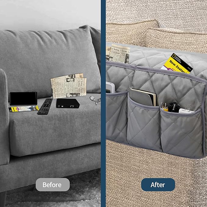 MEHIDFY Armchair Caddy Remote Control Holder for Couch Recliner Armrest Organizer Non Slip Couch Arm Covers for Sofa with 14 Pockets Storage for Magazine, Tablet, Phone, iPad (Grey 2pcs)