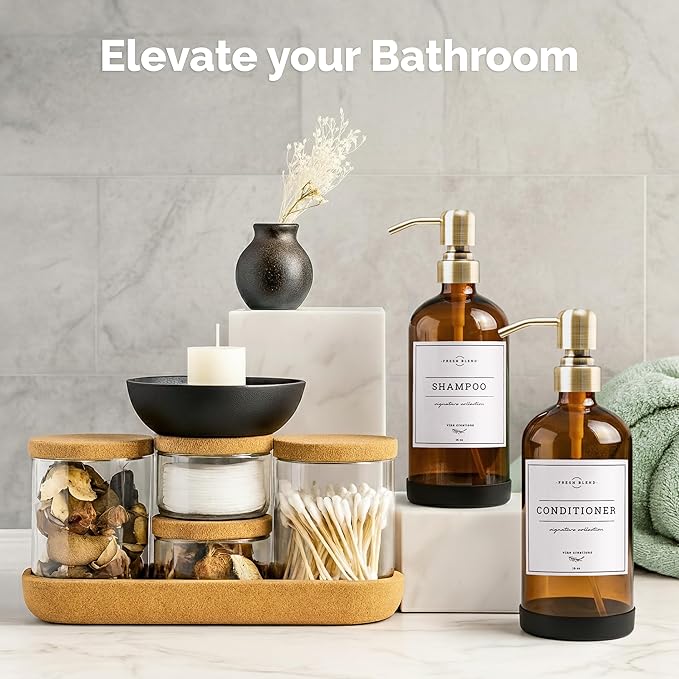 Vine Creations Amber Glass Soap Dispenser, 2 Pack Kitchen Soap Dispenser Set with Stainless Steel Pump, 16 oz Dish Soap and Hand Soap Dispensers for Bathroom with Waterproof Labels and Protective Pads