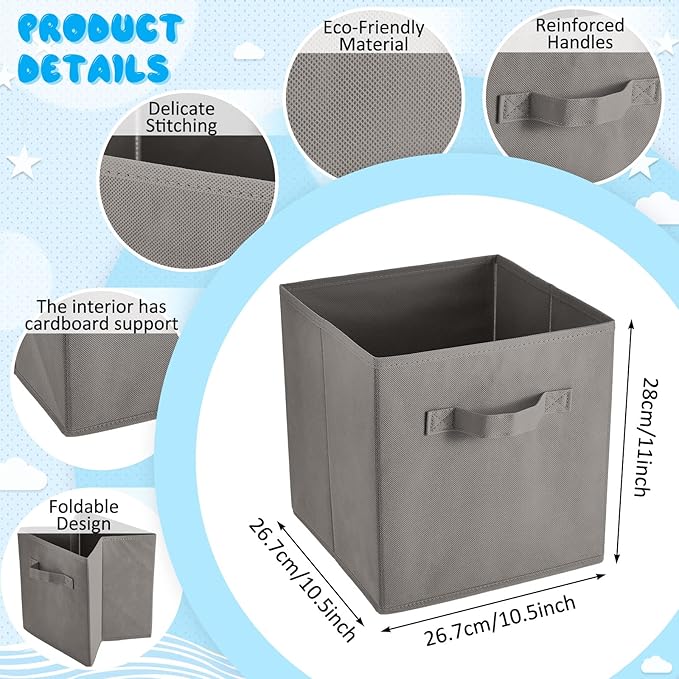 Yinder 12 Pcs Cube Storage Bin Grey 11'' Storage Bins for Playroom Decor Colorful Bins for Kids Foldable Baskets for Nursery Organizer Boxes Fabric Boxes