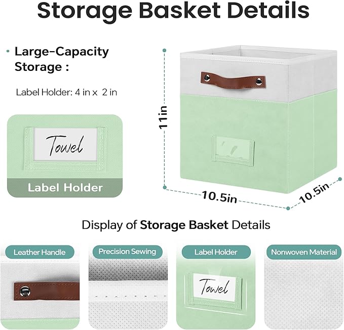 6-Pack Storage Cubes with Handles & Label Holders Basket, Closet Cube Home Organizer Bins(White/Green, 10.5*10.5*11 inch)