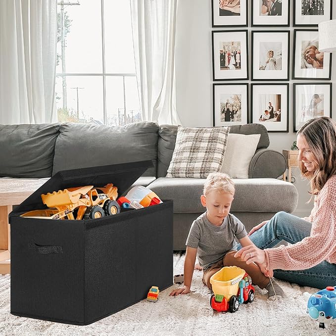 INDRESSME 122L Large Toy Storage Box with Lid, Toy Storage Organizer, Toy Baskets with Dividers for Playroom, Bedroom, Closet, Storage Bins for Kids, Boys Girls 26"x17"x17" (Black)