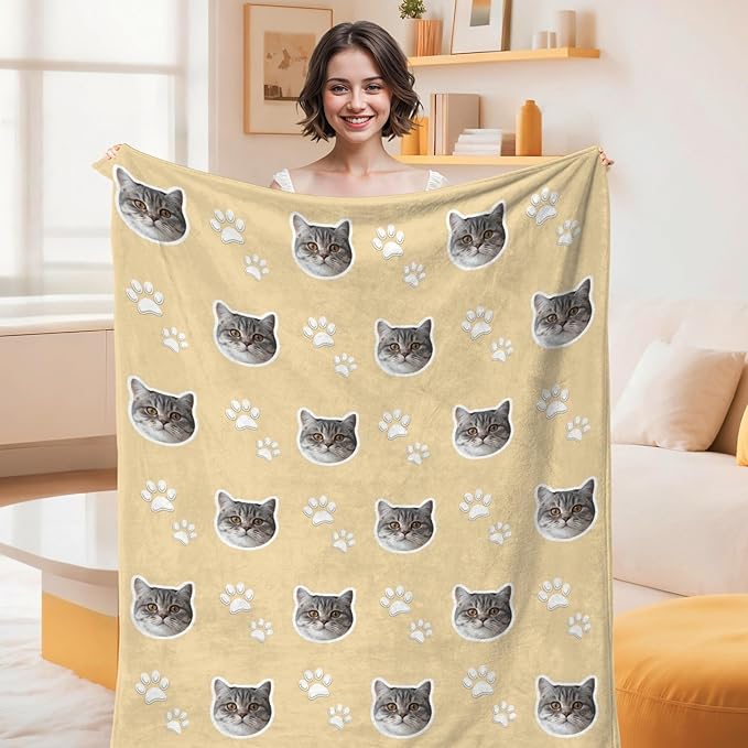 Custom Blanket with Funny Cat Face Personalized Soft Warm Fleece Throw Blankets with Paw Bones Customized Throws for Couch Bed Sofa Unique Gifts for Cat Dad Mom Pet Lovers