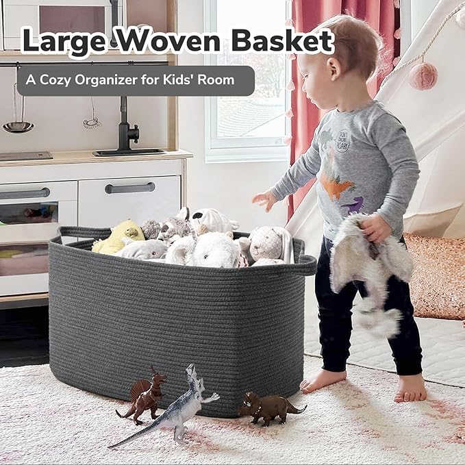 Goodpick Storage Basket, Rectangle Dirty Clothes Baskets for Laundry, Woven Basket for Living Room, Extra Large Cotton Rope Baskets for Toys, Blankets, 23.6" x 15.7" x 13.8", Dark Gray