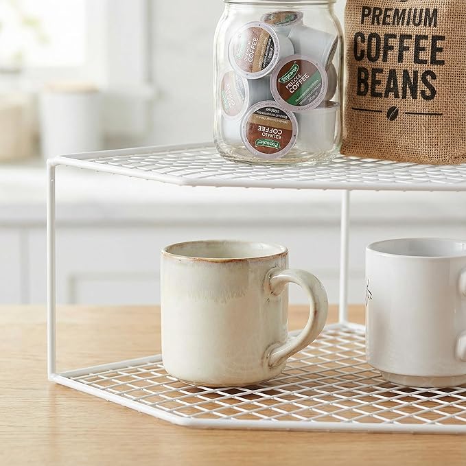 2-Tier Corner Storage Shelf Cabinet Organizer Corner Stand Rack Countertop Shelf Storage for Dishes and Plates Kitchen Cabinet Pantry Cosmetics Makeup Organization 12cm White
