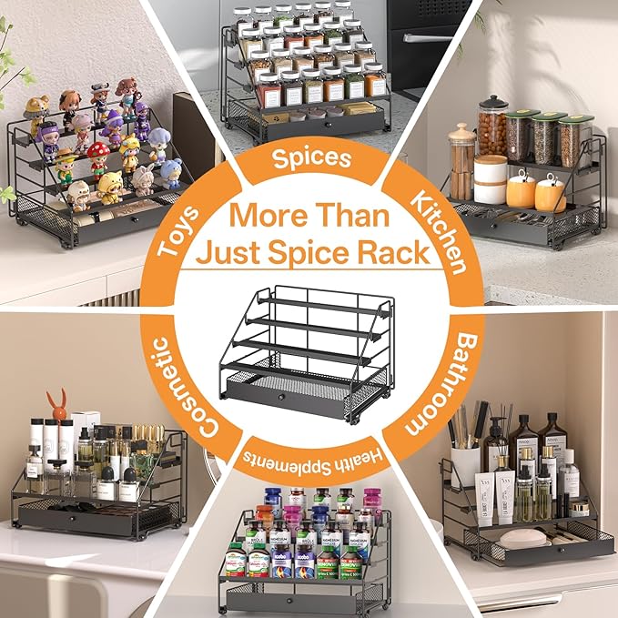 Spice Rack Organizer for Cabinet: 4 Tier Adjustable Spice Rack Organization with Drawer, Depth Metal Shelf for Kitchen Countertop, Cupboard, Pantry, Holds Seasoning and Condiments (Black)
